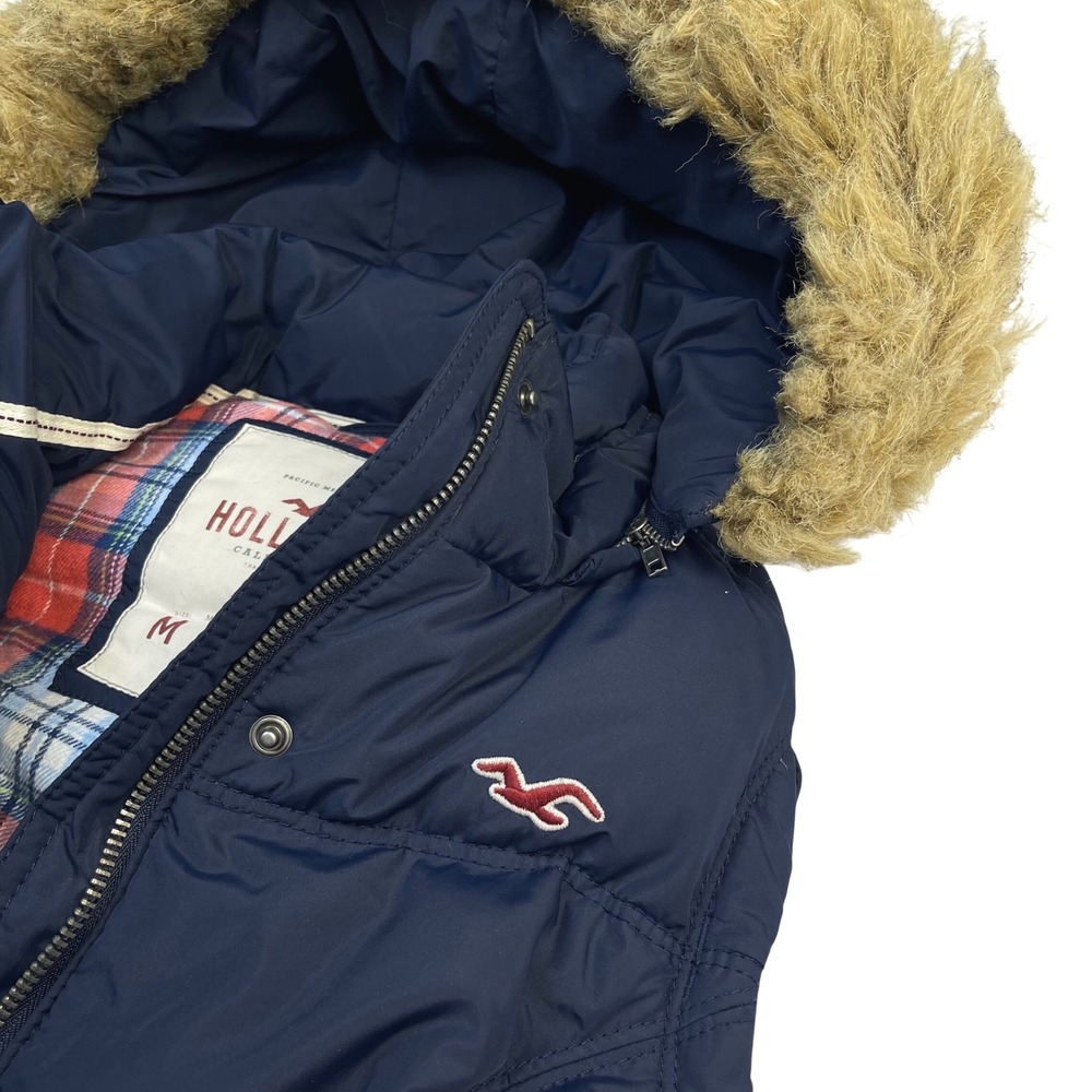 Y2K Hollister Puffer Vest Faux Fur Hood Women's M Down Feather Fill Plaid Lining